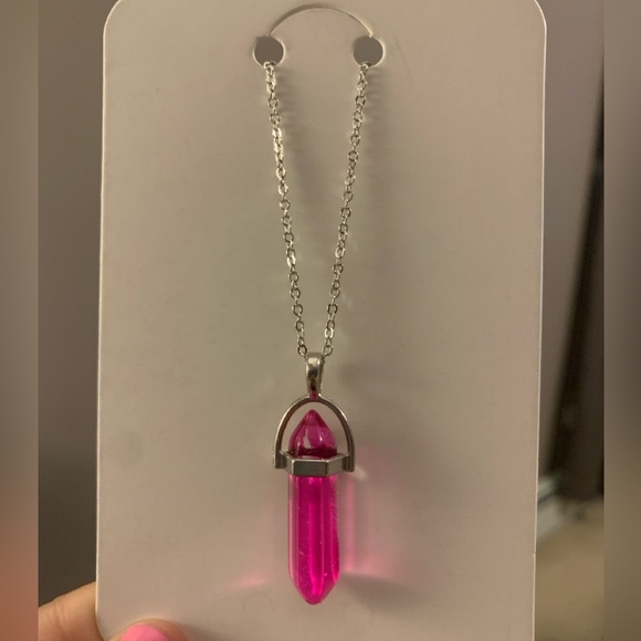 Jewelry - Vibrant Pink Crystal Necklace with Silver Chain‎